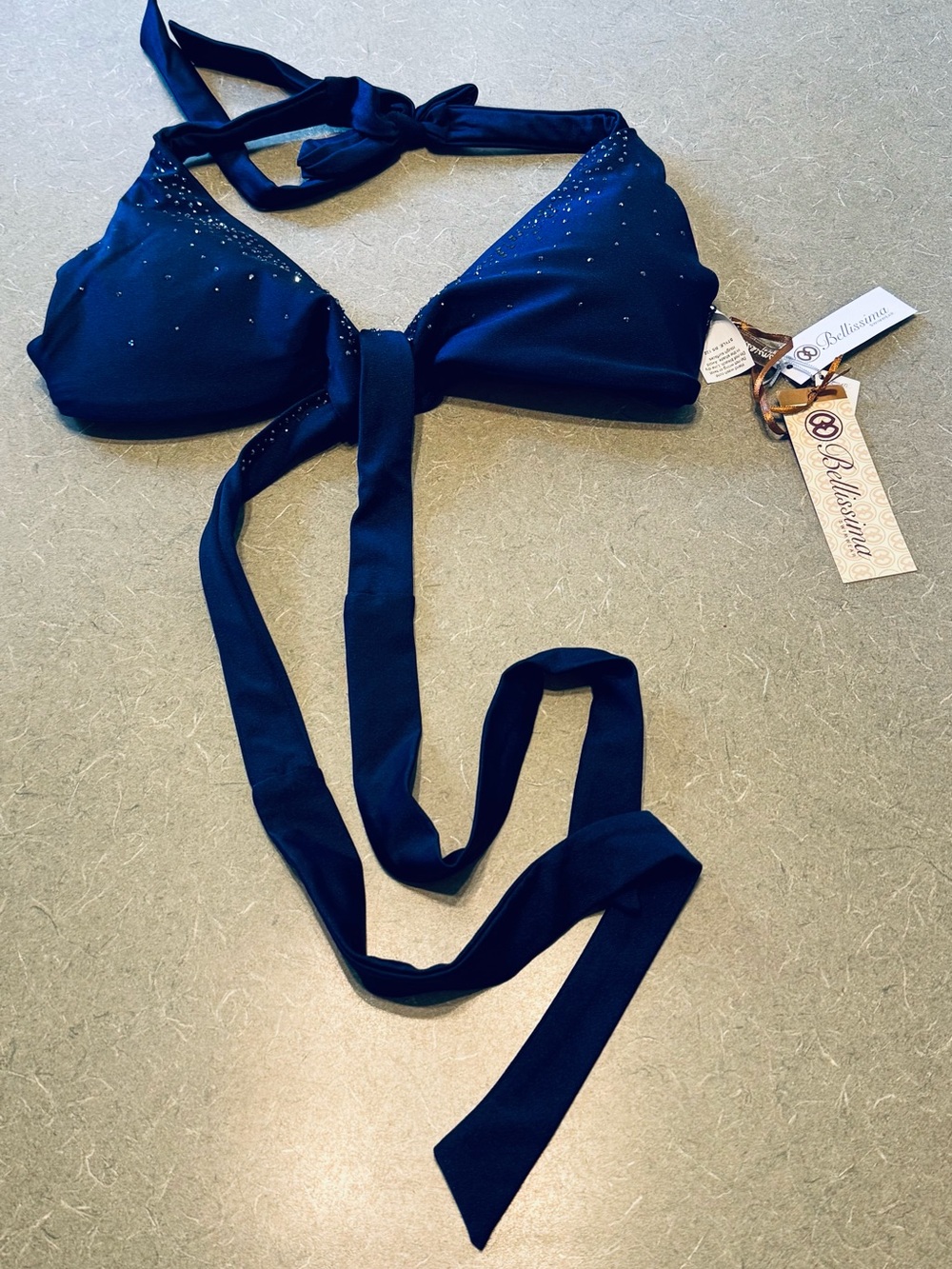 NWT Bellissima Bikini Top M Navy Swarovski Elements Crystal Halter USA